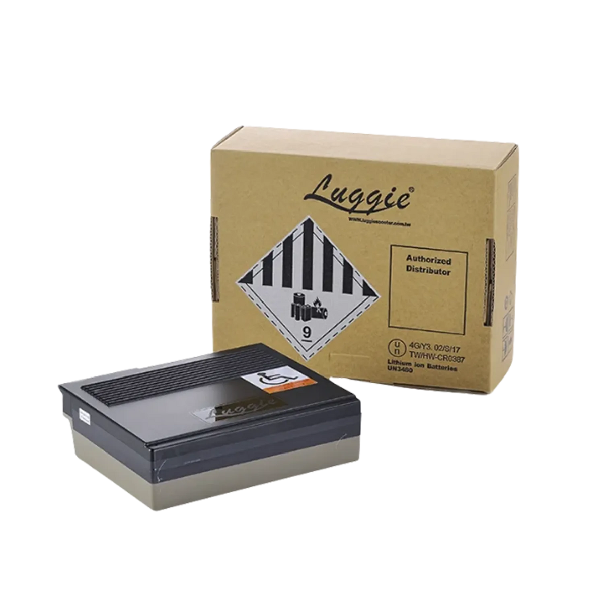 A Luggie-branded lithium-ion battery pack in a dark gray and beige rectangular case, shown in front of its brown cardboard distributor box on a white background.