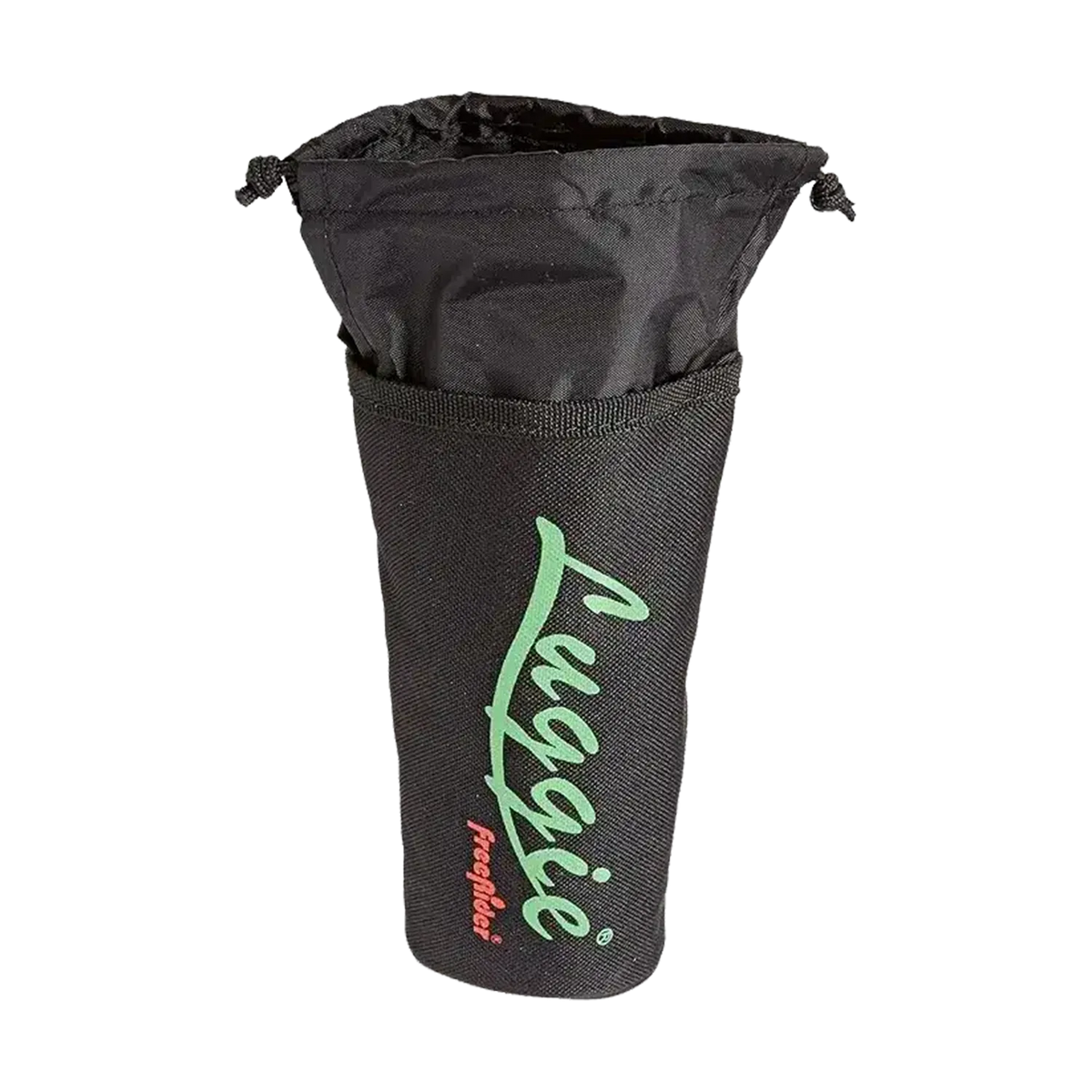 A black drawstring storage bag with a green 'Lugabe' logo and a small red 'freepoint' logo printed on the front, shown against a plain white background.