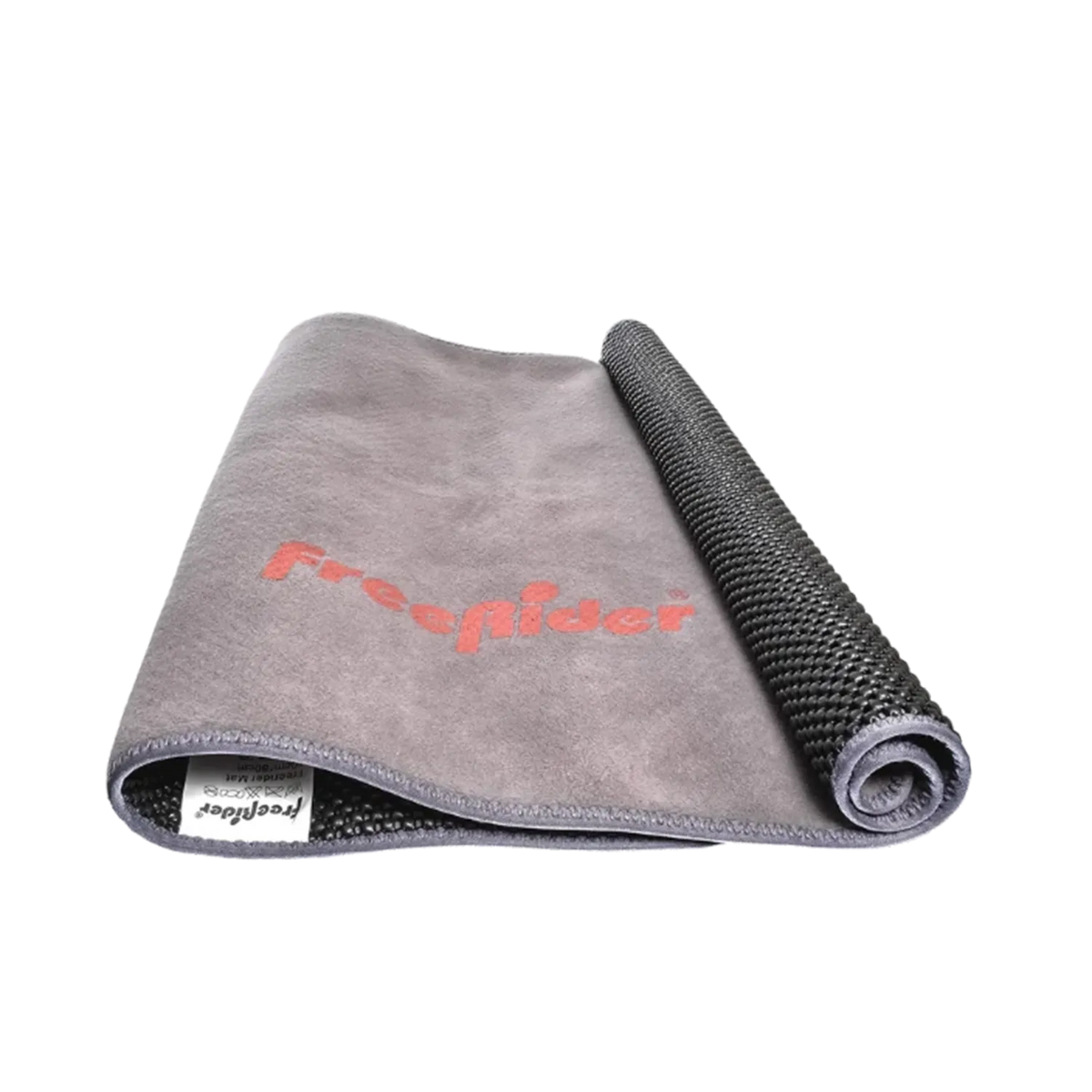 A gray microfiber cleaning cloth with a black textured backing, partially rolled up. The front side features the brand name 'FreeRider' printed in red-orange script.