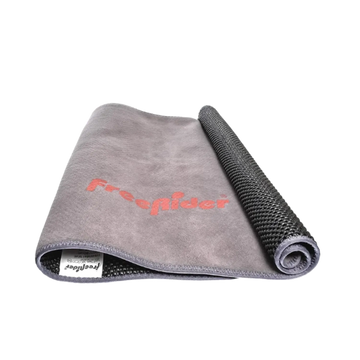 A gray microfiber cleaning cloth with a black textured backing, partially rolled up. The front side features the brand name 'FreeRider' printed in red-orange script.