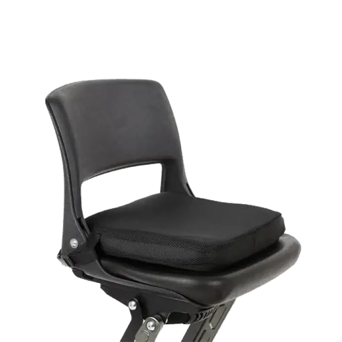 A black molded plastic chair seat cushion with a matching backrest, shown on a black chair against a plain white background.