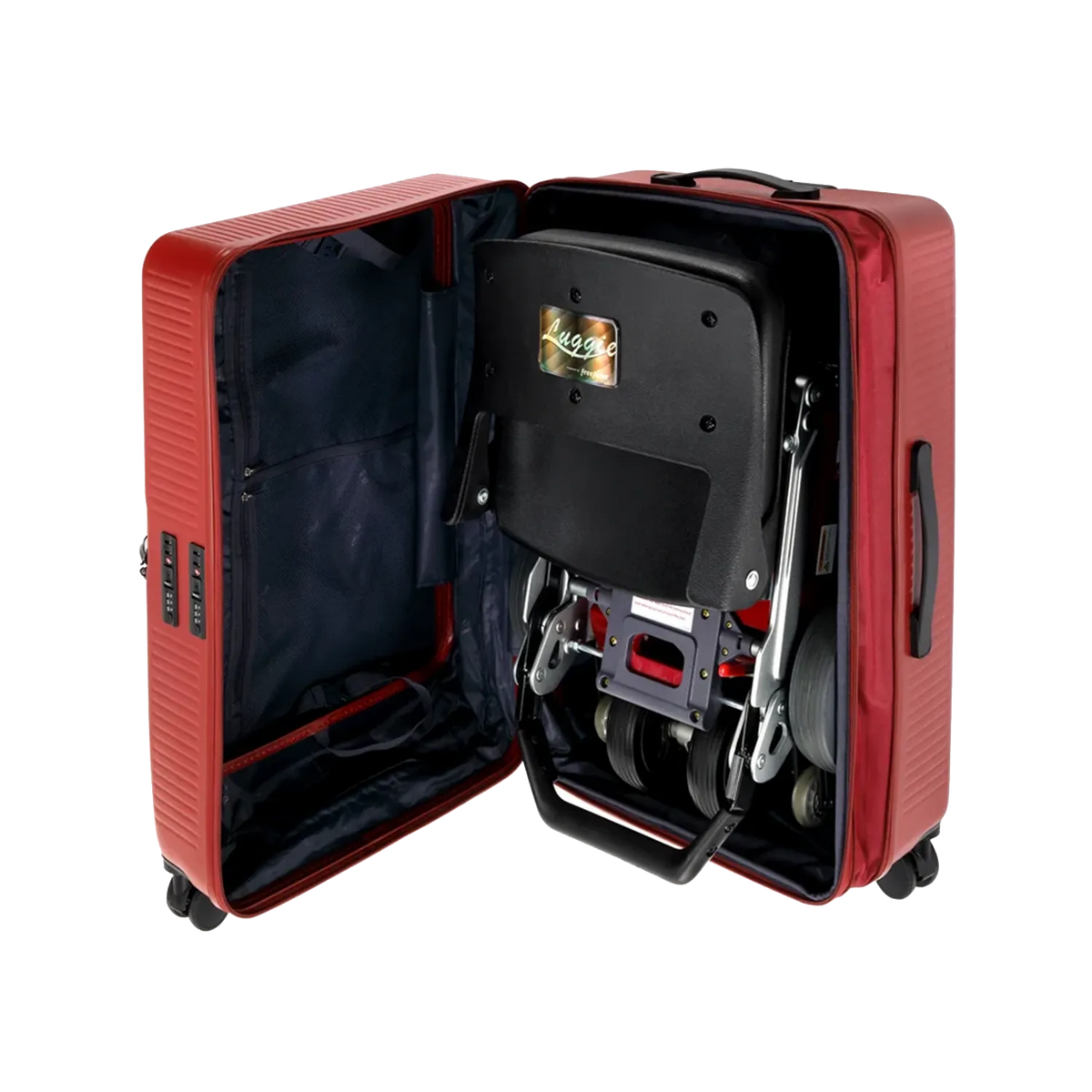 A red hard-shell suitcase shown open on a white background, with a folded black and silver travel power chair or similar compact chair inside, demonstrating storage capacity.